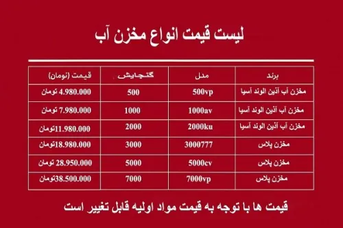 فهرست قیمت انواع مخزن آب در بازار